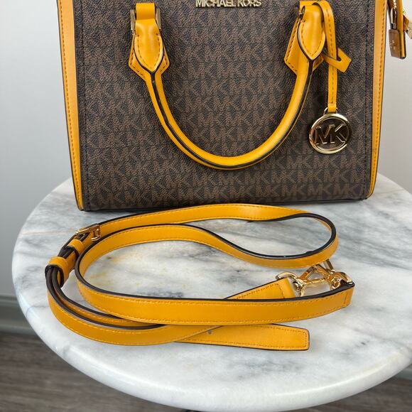 Michael Kors Yellow Leather And Brown Monogram Canvas Hope Satchel - Picture 11 of 12